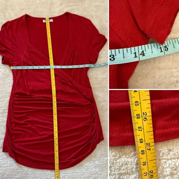 Zeagoo Womens Size Large Top Red Ruched Faux Wrap V-Neck Blouse Bodycon Stretch - Picture 5 of 7